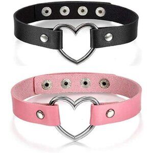 Adjustable Heart Choker Set – Black and Pink Faux Leather Punk Gothic Necklaces